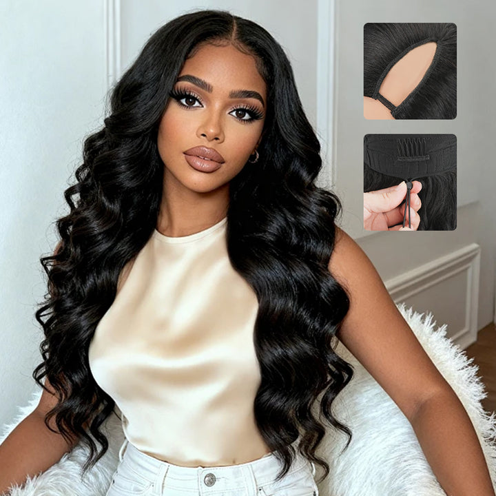 Tahikie V Part Body Wave Glueless No Leave Out 100% Human Hair Wig With Invisi Drawstring