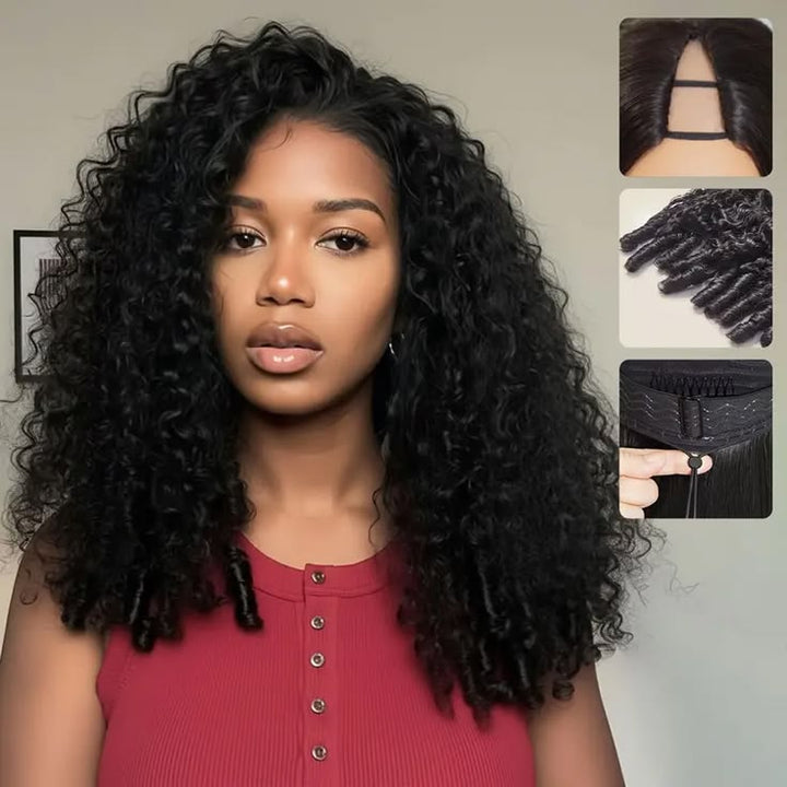 Tahikie V Part Burmese Curly Glueless No Leave Out 100% Human Hair Wig With Invisi Drawstring