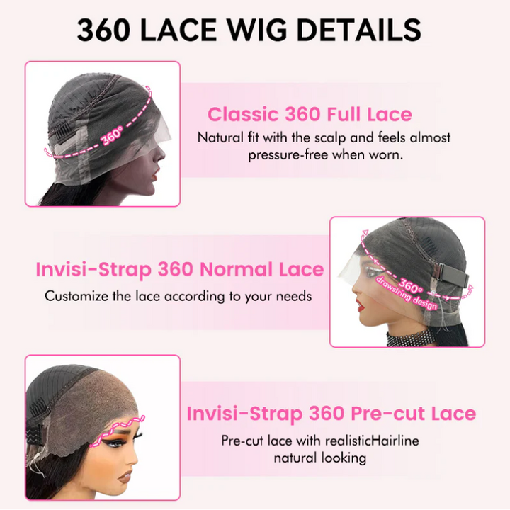 Tahikie Deep Wave 360 Lace Frontal Wig Sung Fit Drawstring Human Hair Wig