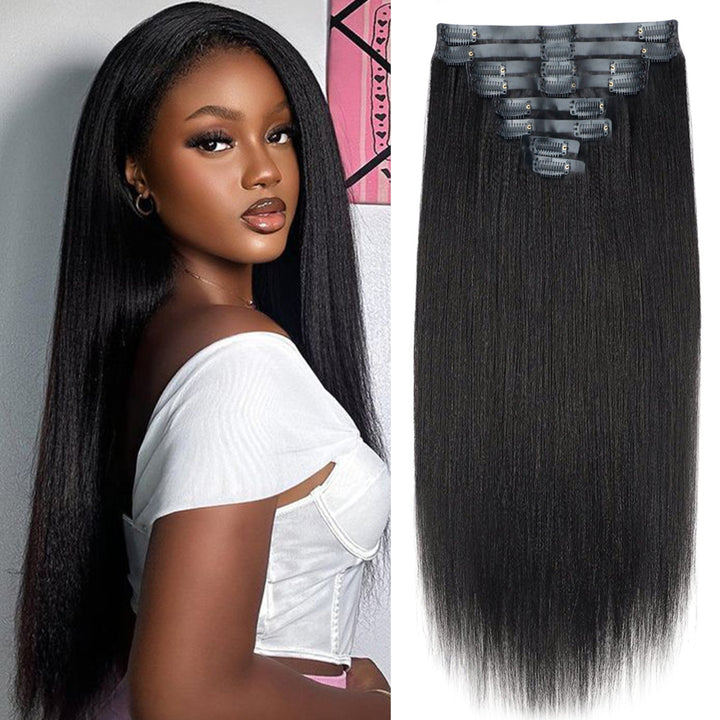 Tahikie Yaki Straight Raw Hair Invisible Clip In Hair Extensions 100% Real Human Hair Clip Ins For Black Women Daily Waer