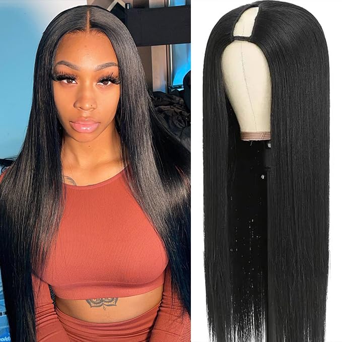 Tahikie V Part Straight Glueless No Leave Out 100% Human Hair Wig With Invisi Drawstring