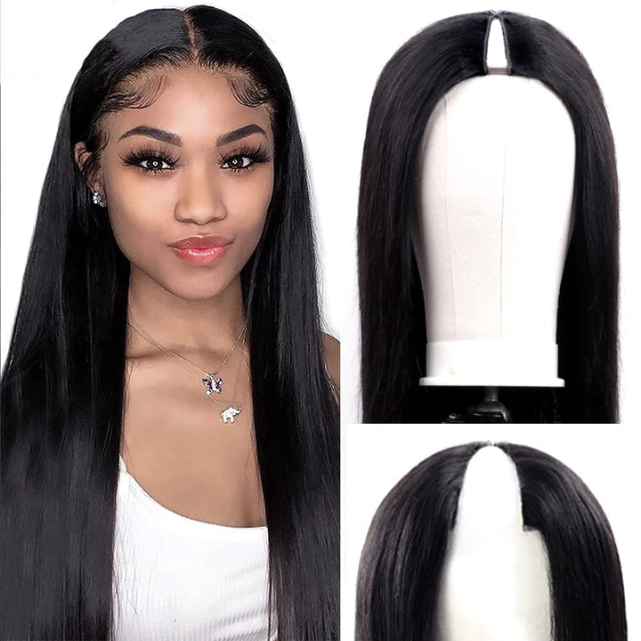 Tahikie V Part Straight Glueless No Leave Out 100% Human Hair Wig With Invisi Drawstring