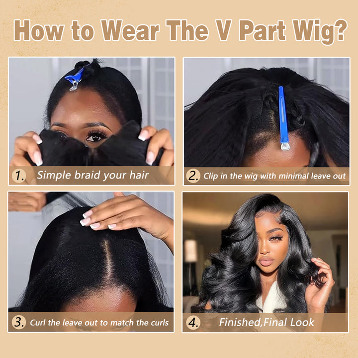 Tahikie V Part Body Wave Glueless No Leave Out 100% Human Hair Wig With Invisi Drawstring