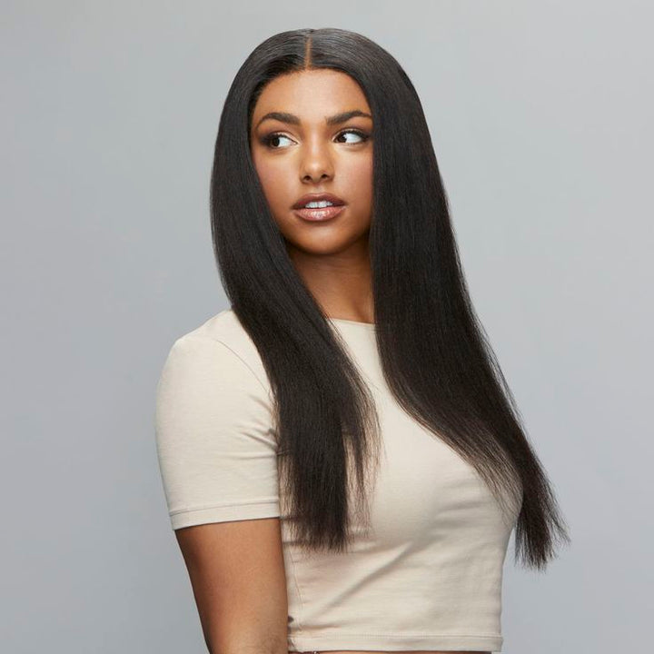 Tahikie V Part Yaki Straight Glueless No Leave Out 100% Human Hair Wig With Invisi Drawstring