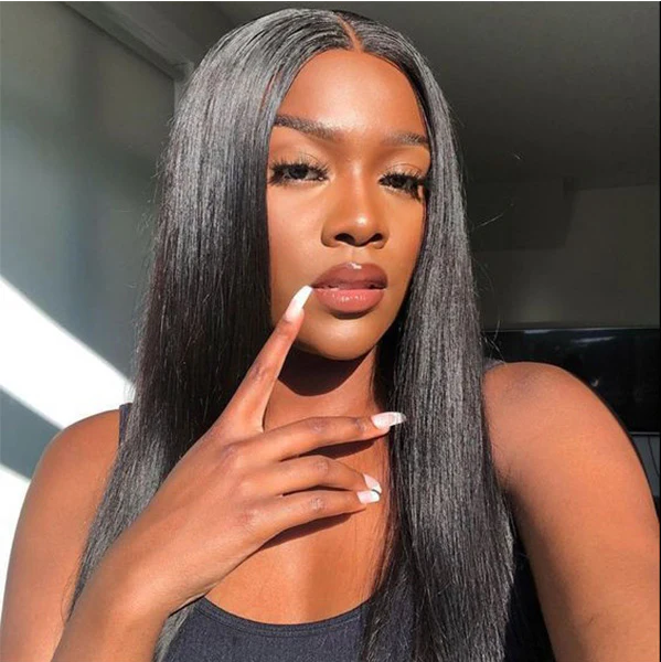 Tahikie V Part Straight Glueless No Leave Out 100% Human Hair Wig With Invisi Drawstring