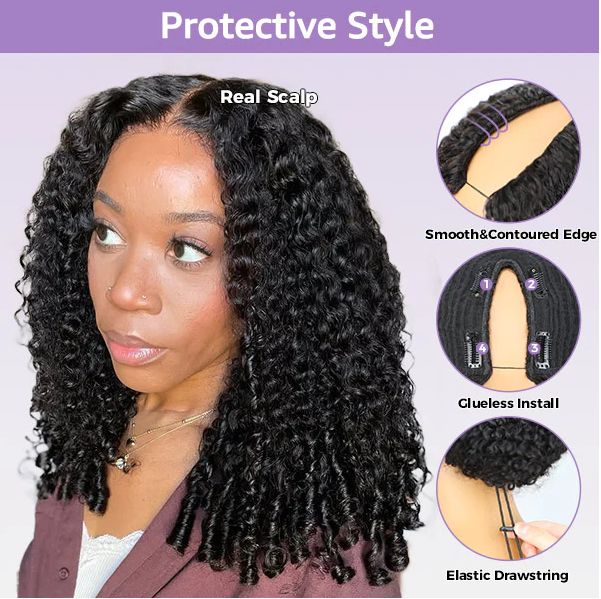 Tahikie V Part Deep Wave Glueless No Leave Out 100% Human Hair Wig With Invisi Drawstring
