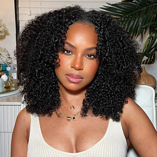 Tahikie V Part Kinky Curly Glueless No Leave Out 100% Human Hair Wig With Invisi Drawstring