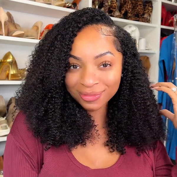 Tahikie V Part Kinky Curly Glueless No Leave Out 100% Human Hair Wig With Invisi Drawstring
