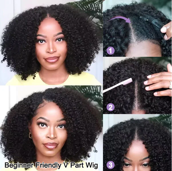 Tahikie V Part Deep Wave Glueless No Leave Out 100% Human Hair Wig With Invisi Drawstring