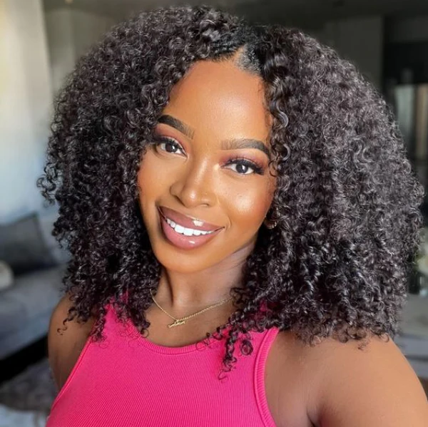 Tahikie V Part Kinky Curly Glueless No Leave Out 100% Human Hair Wig With Invisi Drawstring