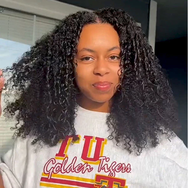 Tahikie V Part Kinky Curly Glueless No Leave Out 100% Human Hair Wig With Invisi Drawstring