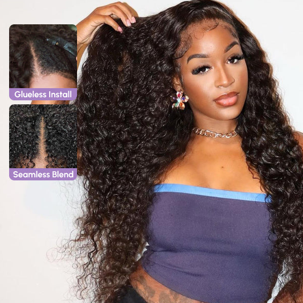 Tahikie V Part Deep Wave Glueless No Leave Out 100% Human Hair Wig With Invisi Drawstring