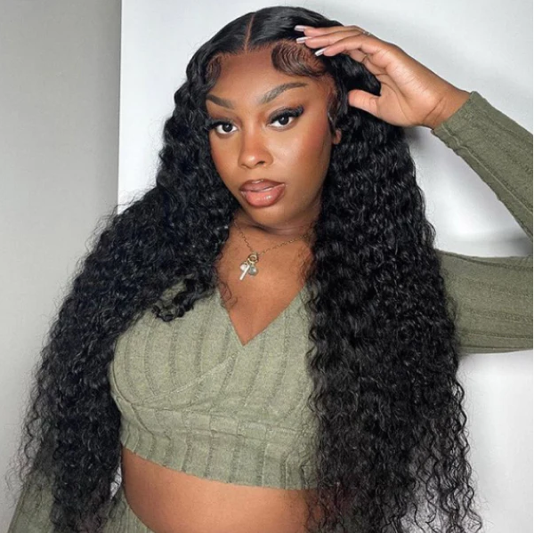 Tahikie V Part Deep Wave Glueless No Leave Out 100% Human Hair Wig With Invisi Drawstring