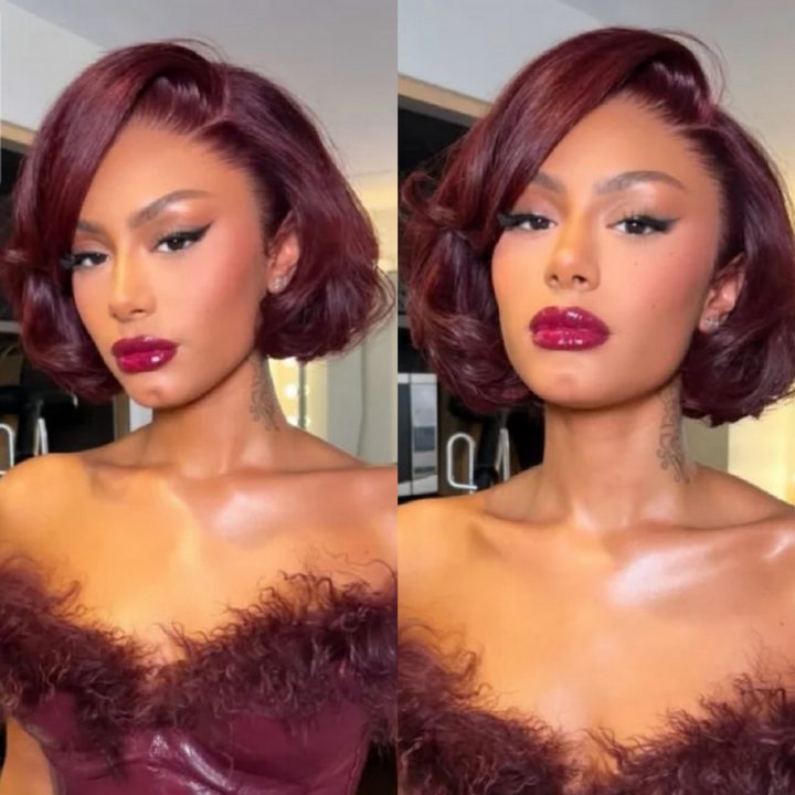 Tahikie Pixie Cut Dark Burgundy Loose Body Wig Glueless 7x6/13x6 Lace Frontal Wig Wear &amp; Go Short Bob Human Hair Wig - Beginner Friendly Wig