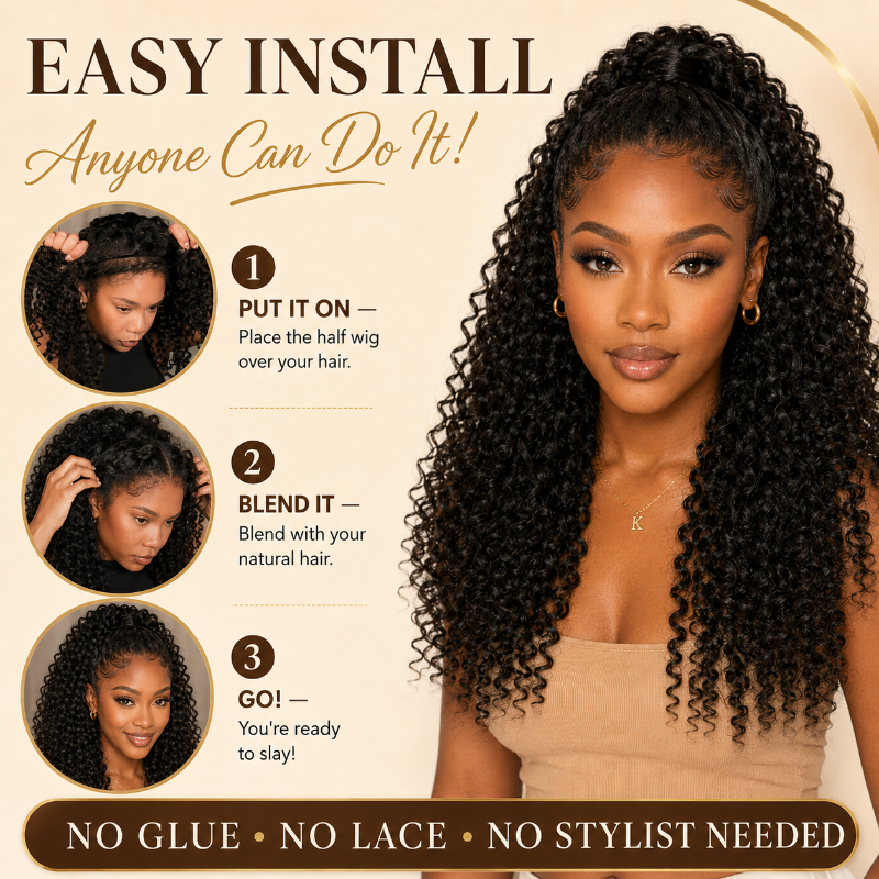 Tahikie Wear &amp; Go Burmese Curly Half Wig Human Hair Wig- Natural Blend Glueless Human Hair Half Wig for Black Women