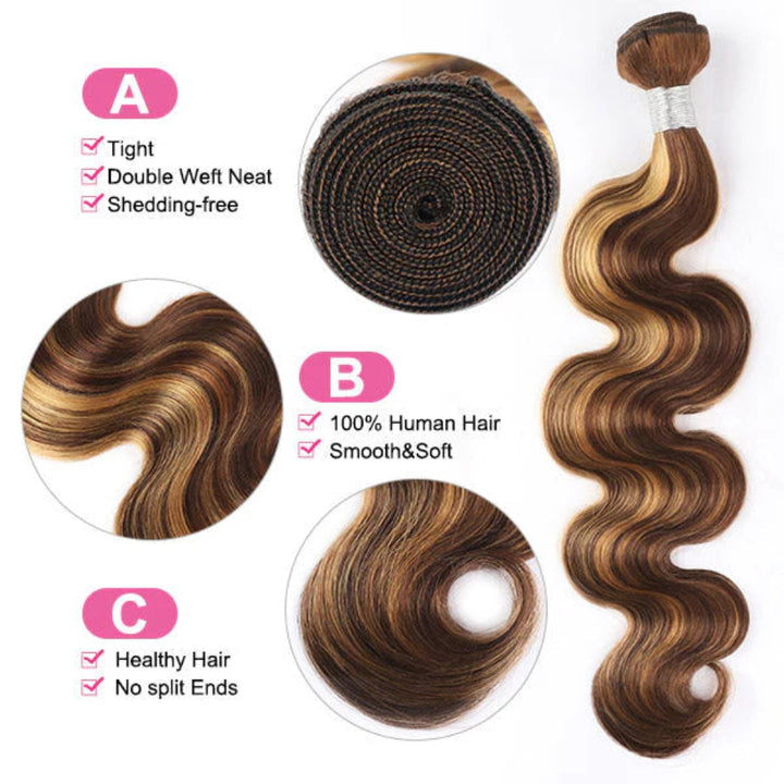 Tahikie Colored P4/27 Highlight Body Wave Raw Hair Bundles Human Hair - 100% Unprocessed Virgin Hair Wefts