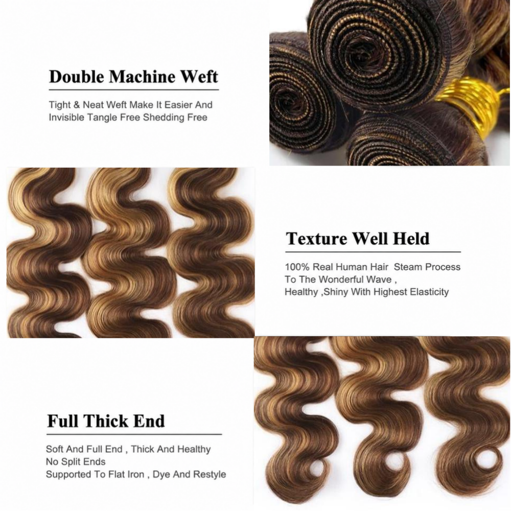 Tahikie Colored P4/27 Highlight Body Wave Raw Hair Bundles Human Hair - 100% Unprocessed Virgin Hair Wefts