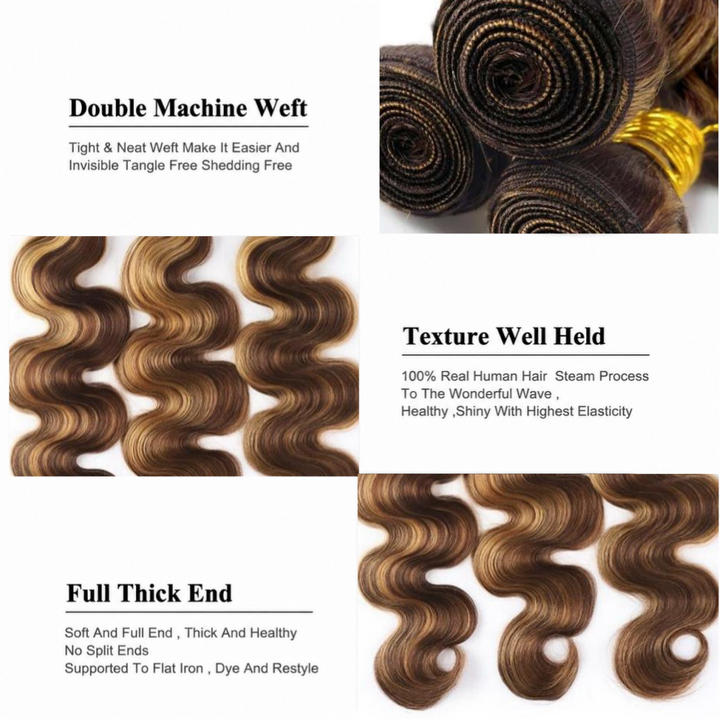 Tahikie Colored P4/27 Highlight Body Wave Raw Hair Bundles Human Hair - 100% Unprocessed Virgin Hair Wefts
