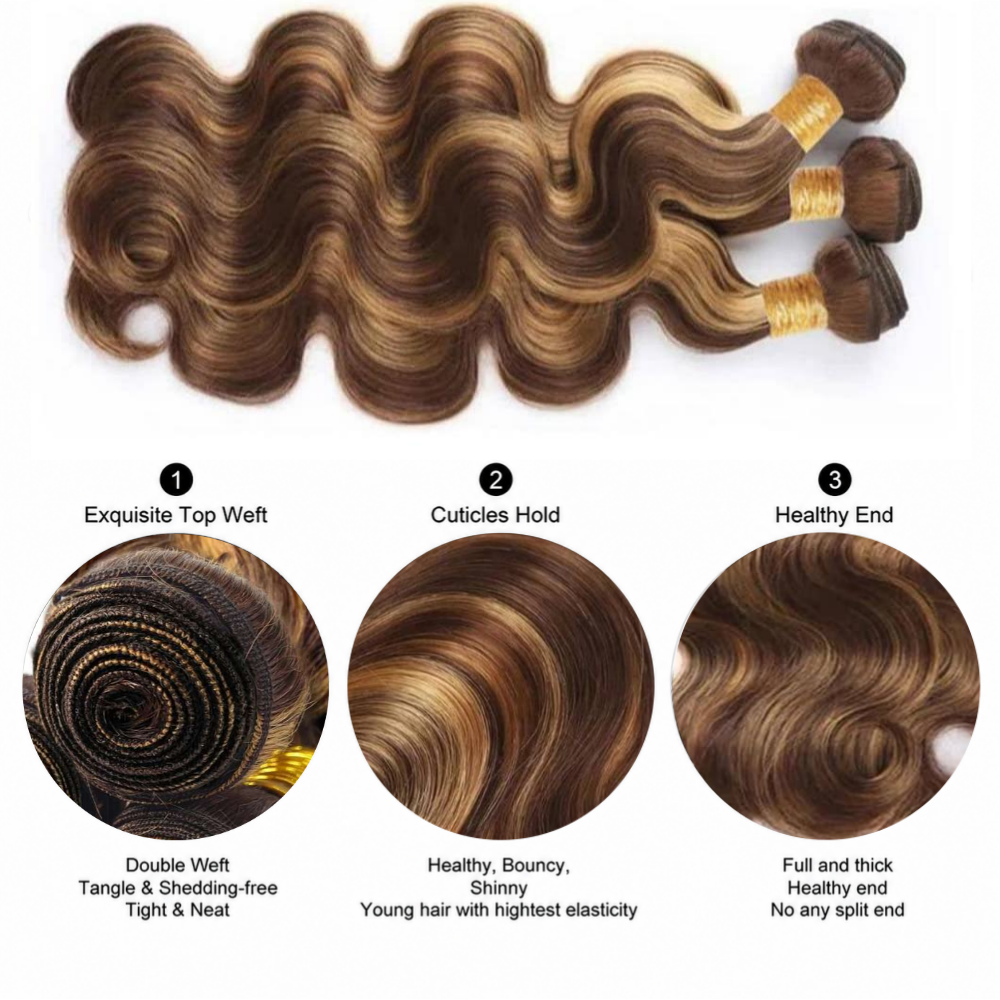 Tahikie Colored P4/27 Highlight Body Wave Raw Hair Bundles Human Hair - 100% Unprocessed Virgin Hair Wefts