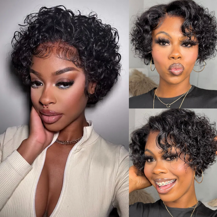 Tahikie Vintage Pixie Cut Curly Wave Wig Glueless 7x6/13x6 Lace Frontal Wig Wear &amp; Go Short Bob Human Hair Wig - Beginner Friendly Wig