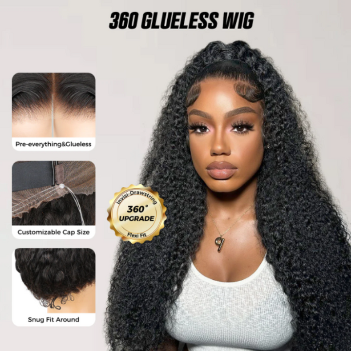Tahikie Jerry Curly Wave 360 Lace Frontal Wig Sung Fit Drawstring Human Hair Wig
