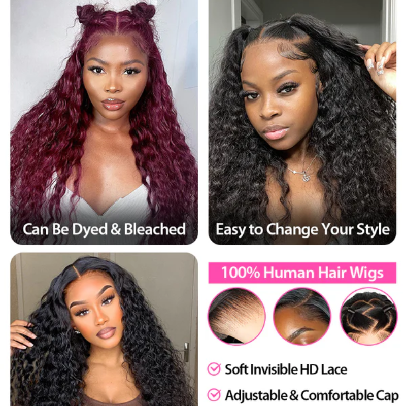 Deep Wave Hair 13x4 Lace Glueless Wigs Invisible Knotsless Natural Black 100% Human Hair