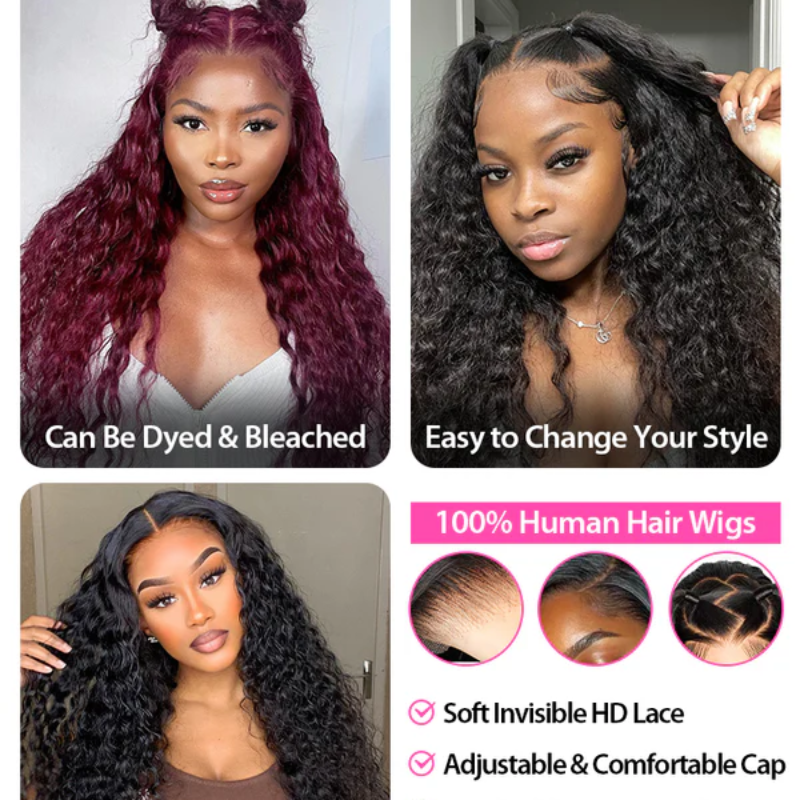 Tahikie Deep Wave 360 Lace Frontal Wig Sung Fit Drawstring Human Hair Wig