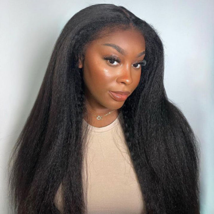Tahikie Kinky Straight 360 Lace Frontal Wig Sung Fit Drawstring Human Hair Wig
