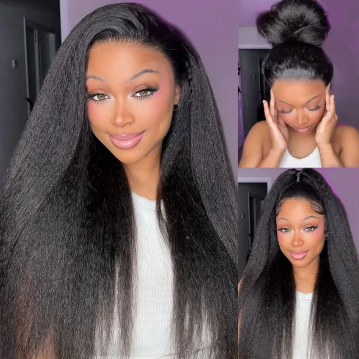 Tahikie Kinky Straight 360 Lace Frontal Wig Sung Fit Drawstring Human Hair Wig